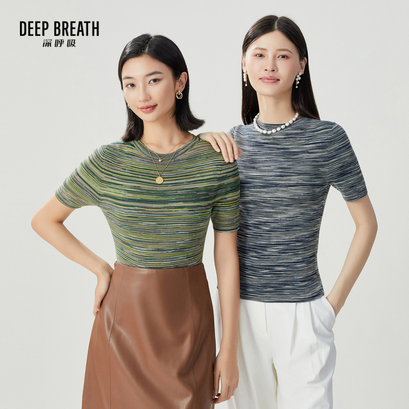 DEEP BREATH深呼吸女装 天衣无缝圆领短袖拼色段染针织衫A301562