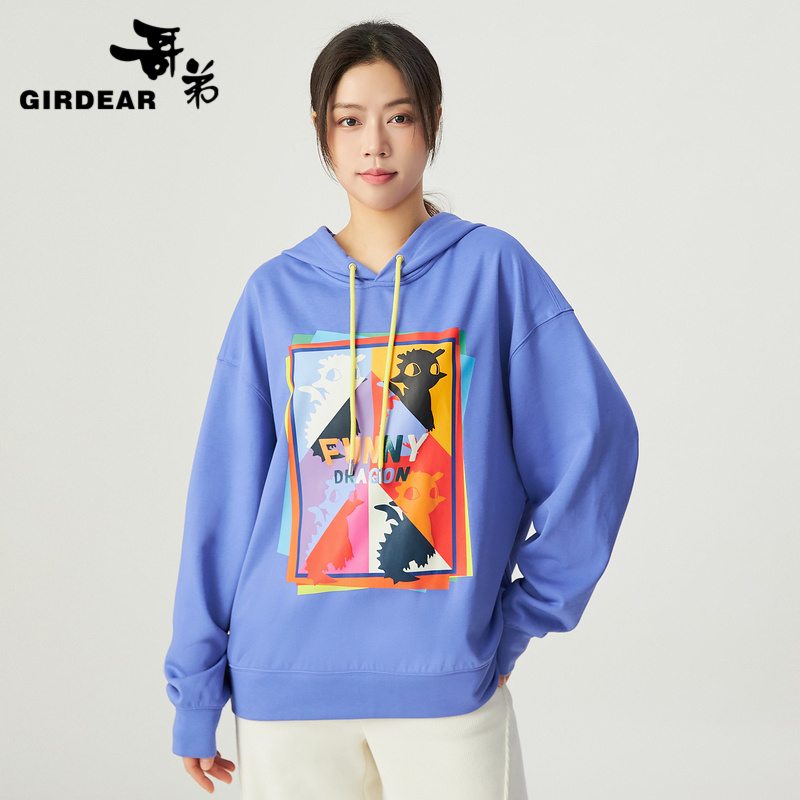 哥弟 宽松百搭数码印花连帽卫衣1300781