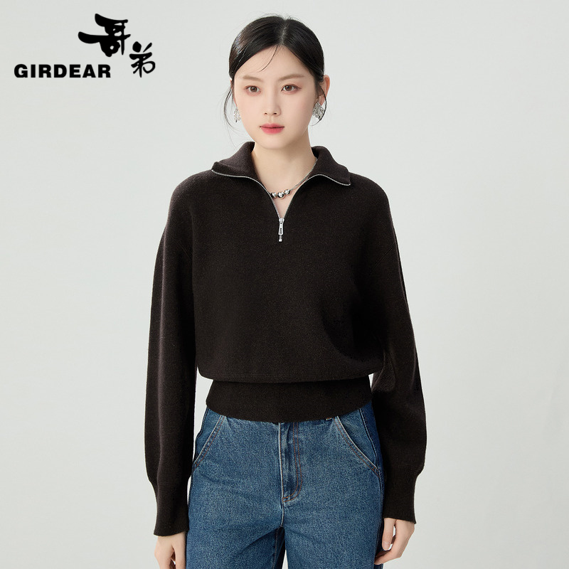 哥弟 女装长袖翻领半开襟拉链套衫1399749