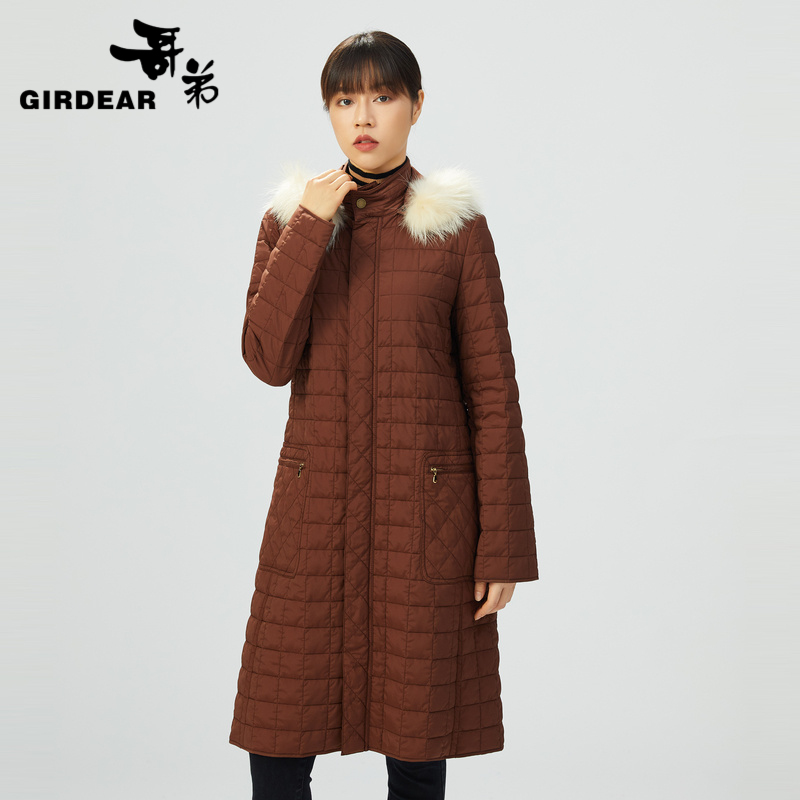 哥弟  连帽压线格纹过膝棉服1400471