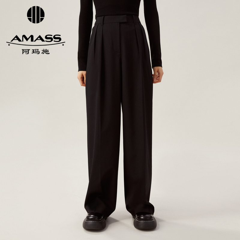 AMASS阿玛施 中高腰压褶宽松直筒羊毛长裤5100349-2
