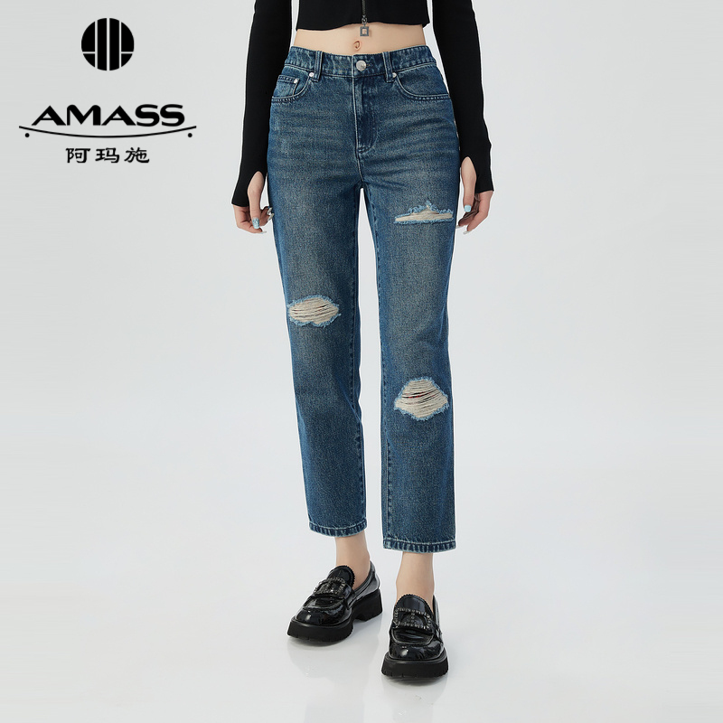 阿玛施AMASS 时髦个性破洞设计休闲牛仔九分裤5100533