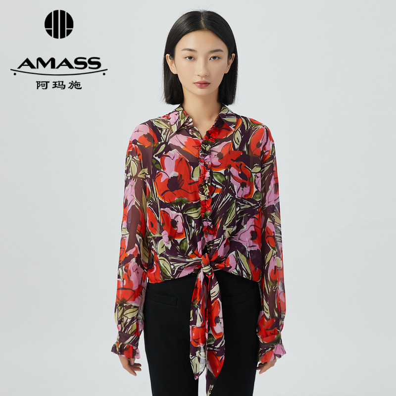 阿玛施AMASS 复古蕾丝微透长袖绑带衬衫5300285