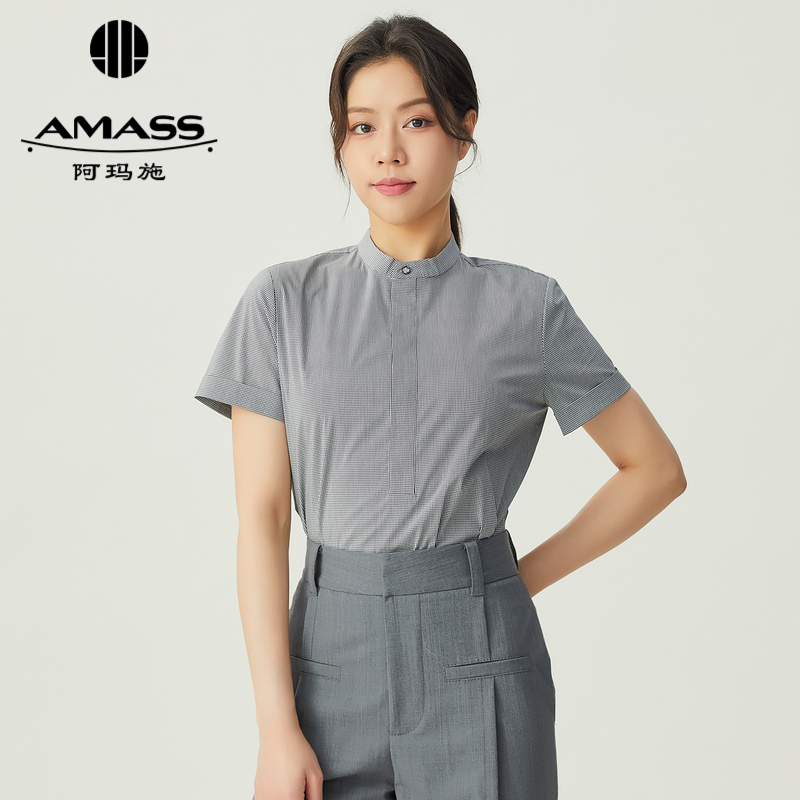 阿玛施AMASS 经典通勤小立领格纹短袖衬衫5300484