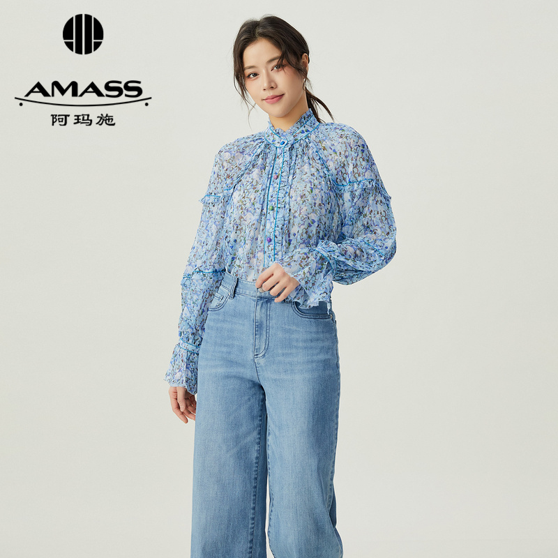 阿玛施AMASS 浪漫复古宫廷风荷叶袖透视印花衬衫5300702