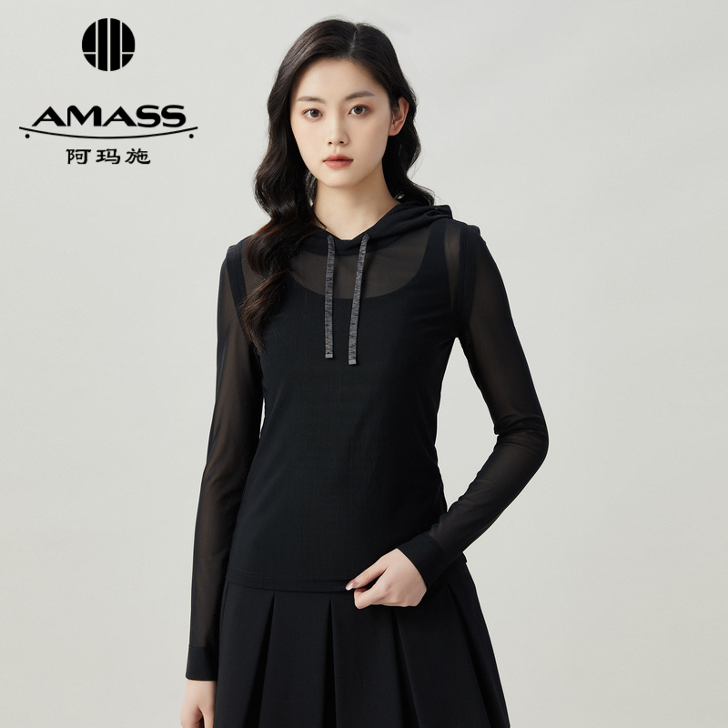 阿玛施AMASS 时髦百搭休闲连帽纱衣长袖T恤5300863