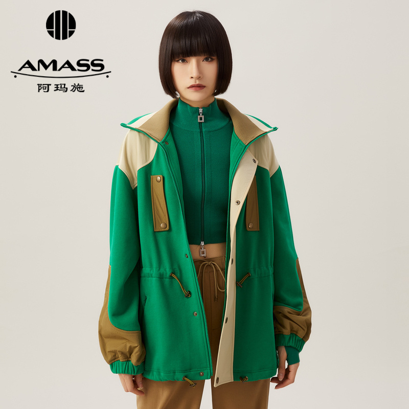 阿玛施AMASS 翻领拼色抽绳设计休闲运动风夹克外套5400739