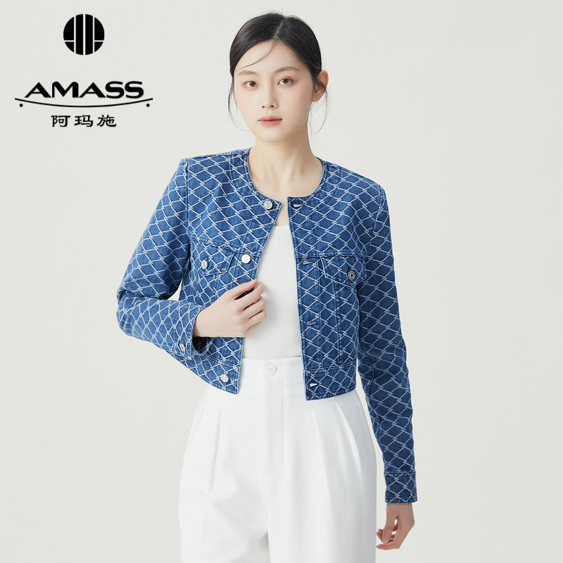 阿玛施AMASS 经典复古小香风圆领菱格牛仔短外套5400790
