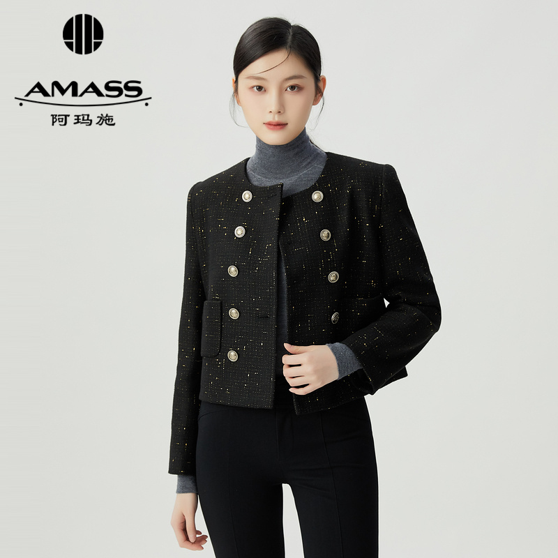 阿玛施AMASS 圆领双排扣经典小香风花呢外套5400837