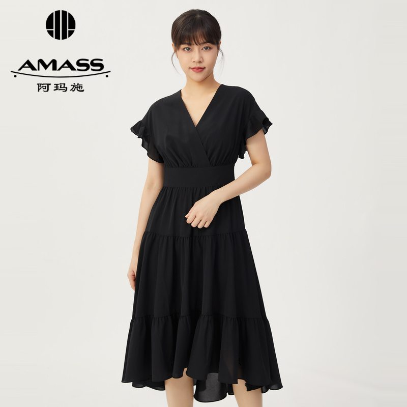 AMASS阿玛施 飘逸质感小V领连衣裙5500104