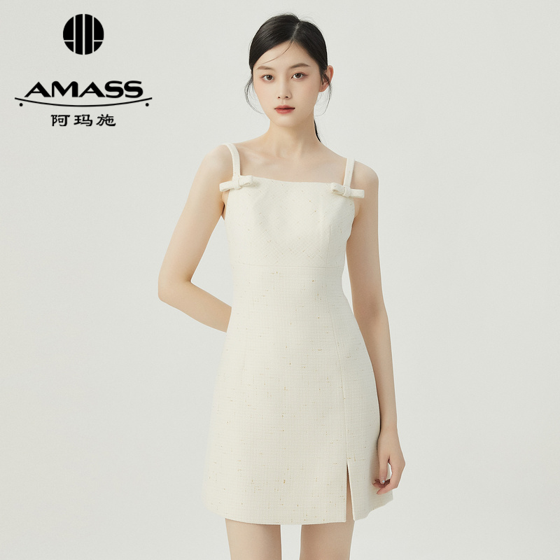 阿玛施AMASS甜美俏皮小香风象牙白无袖连衣短裙5500489-2