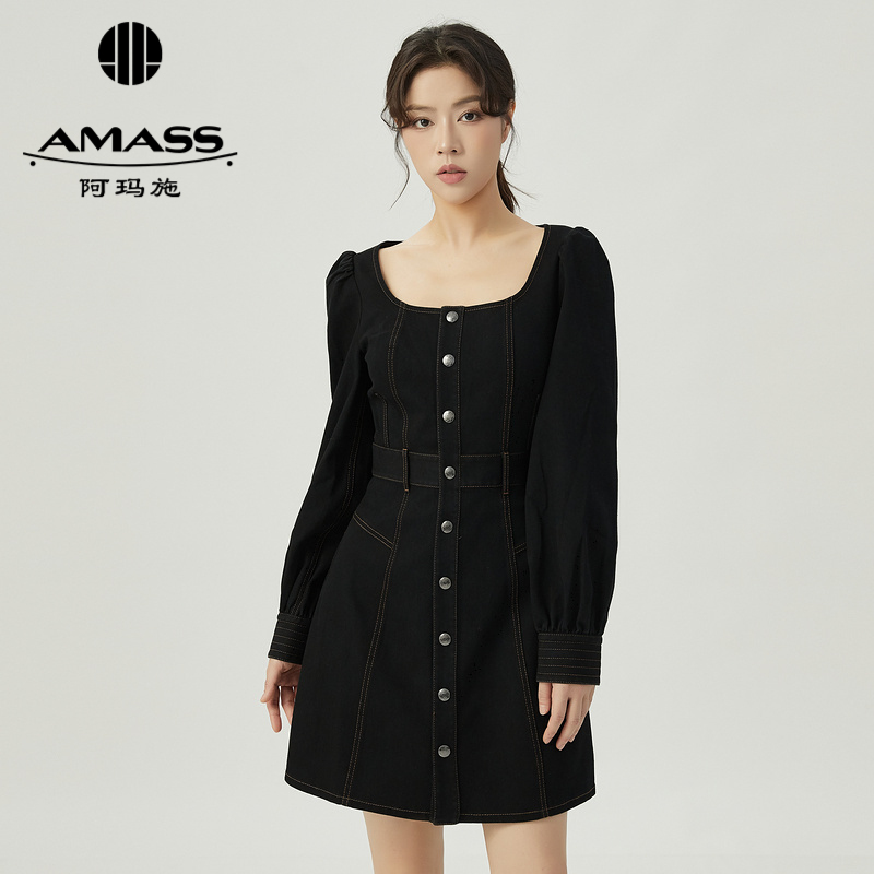 阿玛施AMASS 复古时髦感收腰U领长袖牛仔连衣裙5500509