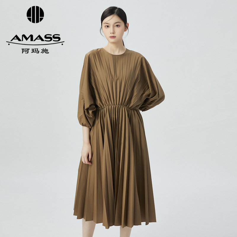 AMASS阿玛施 休闲圆领套头灯笼袖压褶收腰连衣裙 5500511