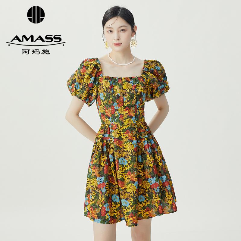 阿玛施AMASS 复古浪漫印花春日出游泡泡袖洋装5500516