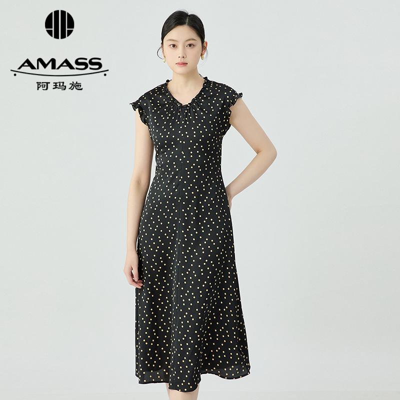 阿玛施AMASS 气质浪漫花边收腰波点圆弧下摆连衣裙550009