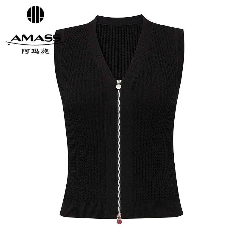 阿玛施AMASS 时髦修身V领波浪竖坑纹拉链针织马甲548027