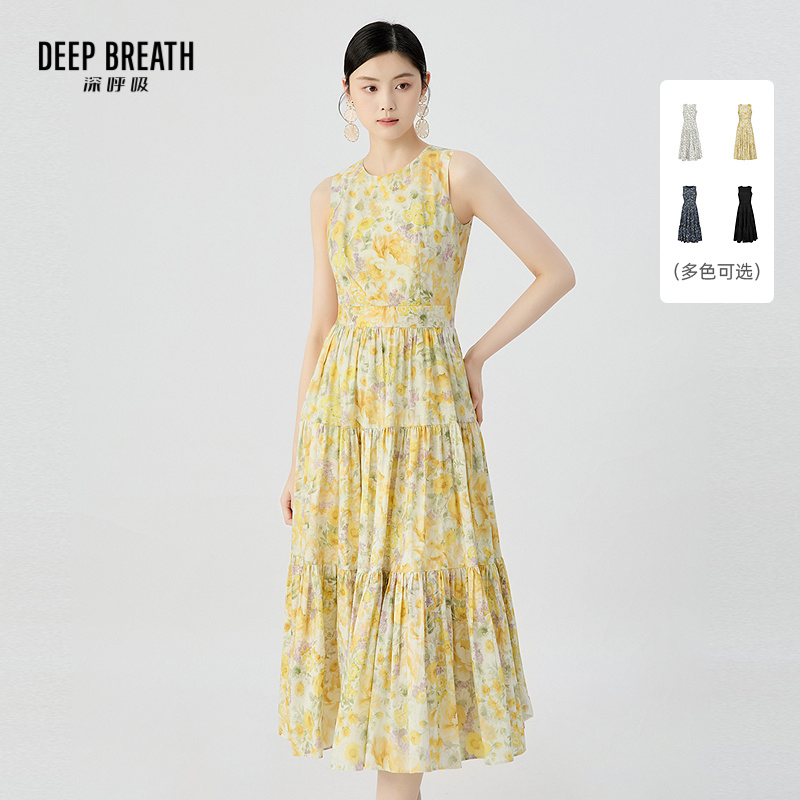 DEEP BREATH深呼吸女装 无袖收腰长裙印花背心蛋糕裙连衣裙A500458