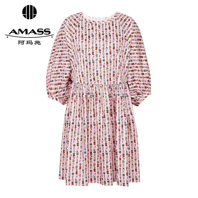 阿玛施AMASS 清新撞色腰间抽褶宽松短款连衣裙550019