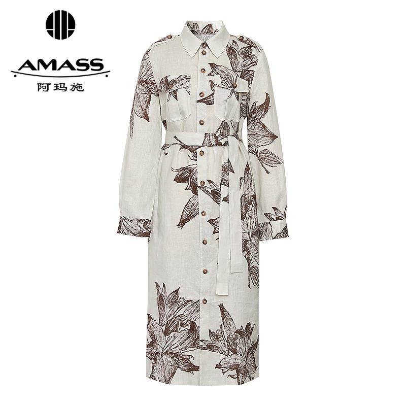 阿玛施AMASS 春夏亚麻印花单排扣翻领工装长袖连衣裙附腰带550021