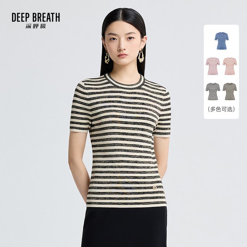 DEEP BREATH深呼吸女装 条纹金银丝针织衫圆领套头衫上衣A301230