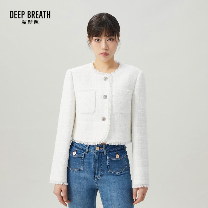DEEP BREATH深呼吸女装 精致复古圆领纯色小香风短款外套A400864