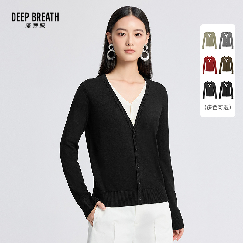 DEEP BREATH深呼吸女装 简约V领假两件拼色羊毛针织衫上衣A301339