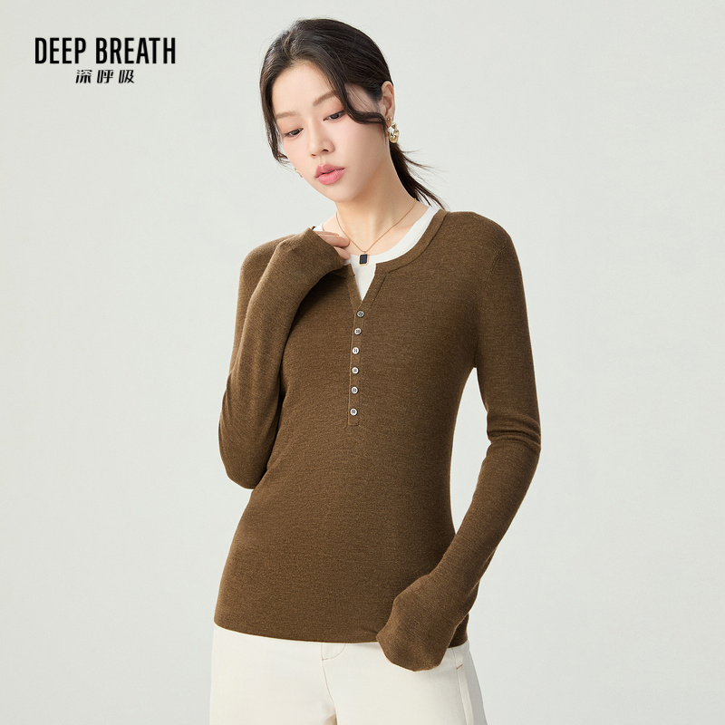 DEEP BREATH深呼吸女装 假两件套头拼色羊毛针织衫A301646-1