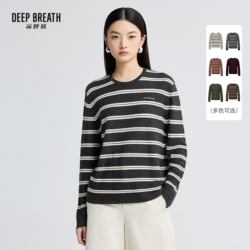DEEP BREATH深呼吸女装 圆领简约拼色条纹贴唛宽松长袖针织上衣A301808