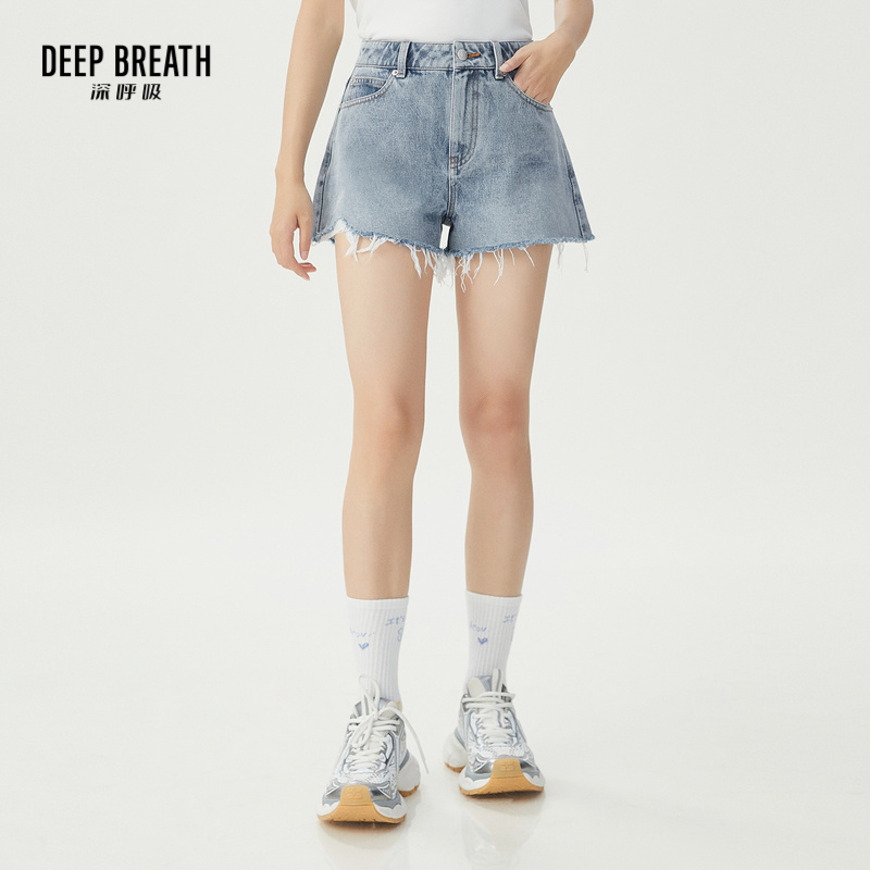 DEEP BREATH深呼吸女装 休闲猫须边百搭直筒热裤牛仔短裤A100356
