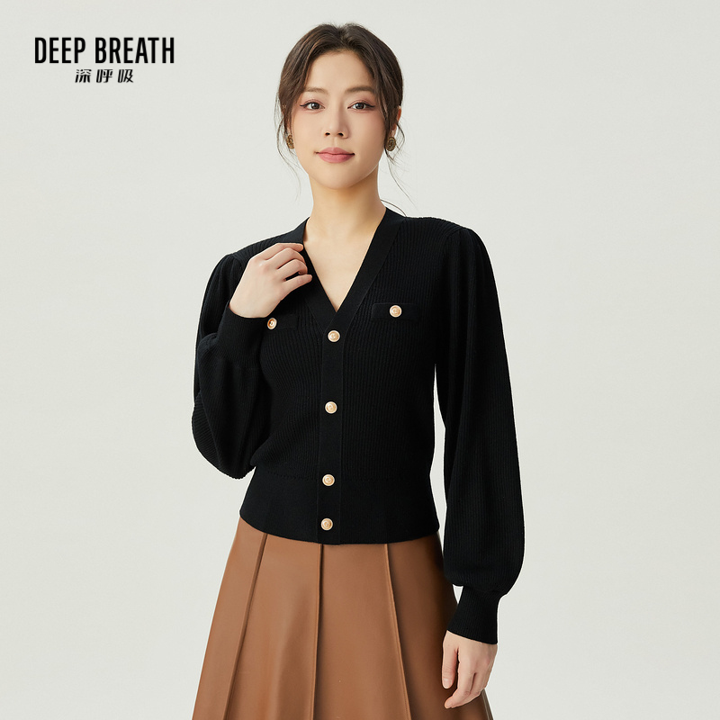 DEEP BREATH深呼吸女装 V领金属扣水滴袖坑条羊毛针织开衫A400964
