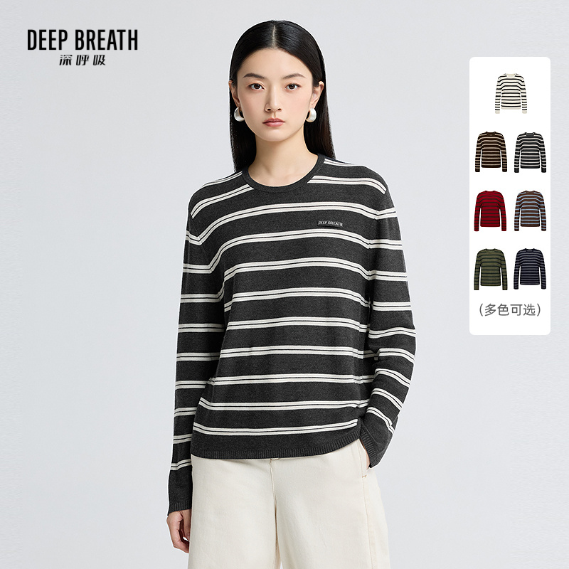 DEEP BREATH深呼吸女装 圆领简约拼色条纹贴唛宽松长袖针织上衣A301808