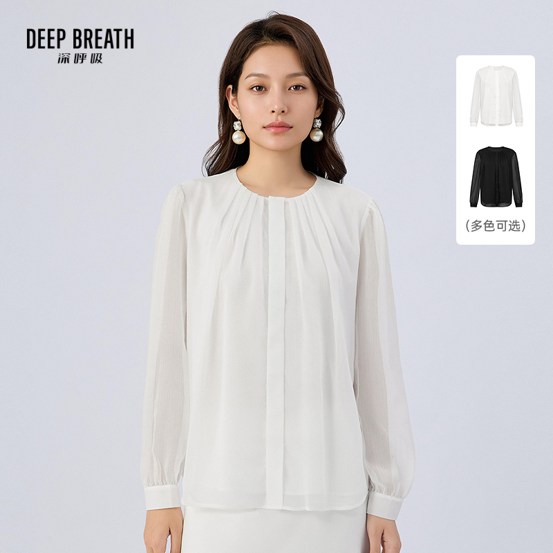 DEEP BREATH深呼吸女装 新款时尚圆领长袖衬衫压褶通透感上衣A302151