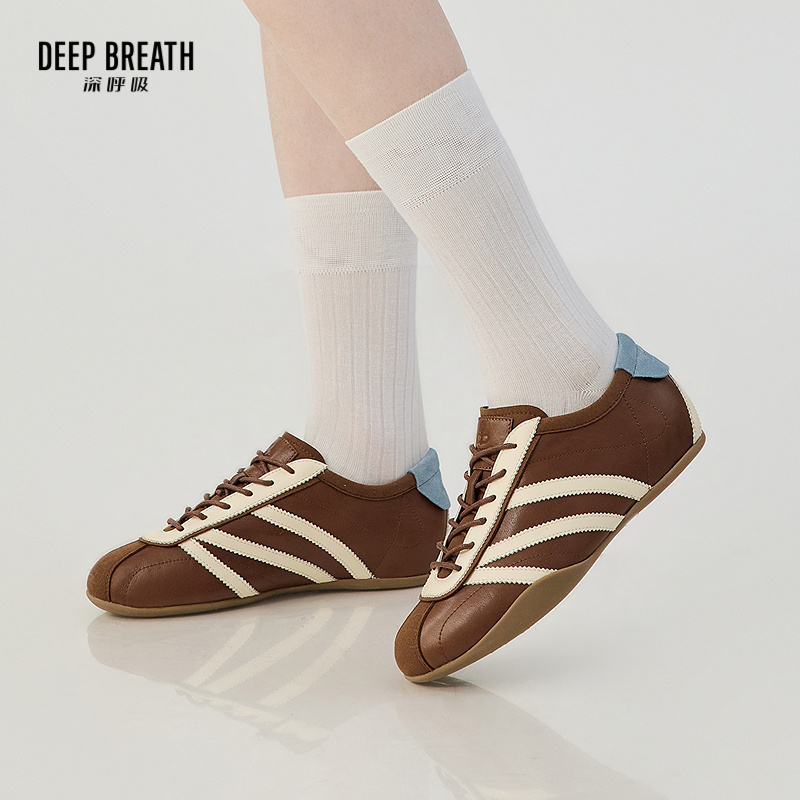 DEEP BREATH深呼吸女鞋 复古牛皮赛车鞋平底鞋休闲鞋绑带低帮AX12355
