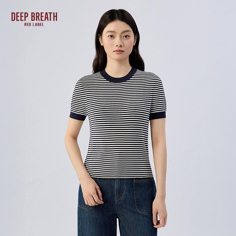 深呼吸红标【航海家】春款醋纤圆领合身针织条纹短袖T恤D38022
