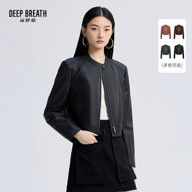 DEEP BREATH深呼吸女装 新款立领短夹克绵羊皮革真皮皮衣外套A401424