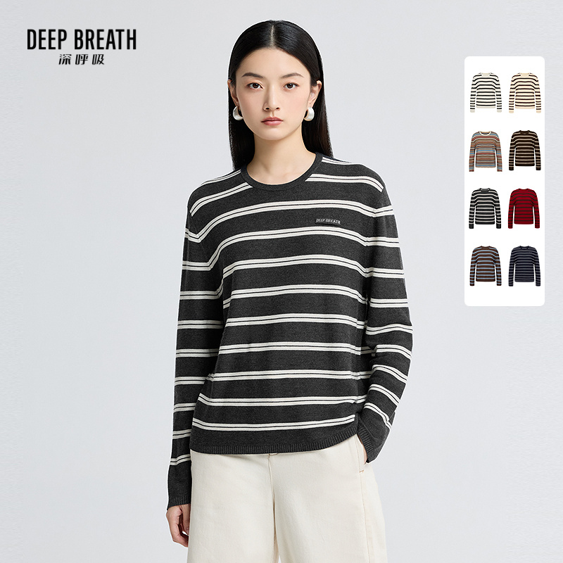 DEEP BREATH深呼吸女装 圆领简约拼色条纹贴唛宽松长袖针织上衣A301808