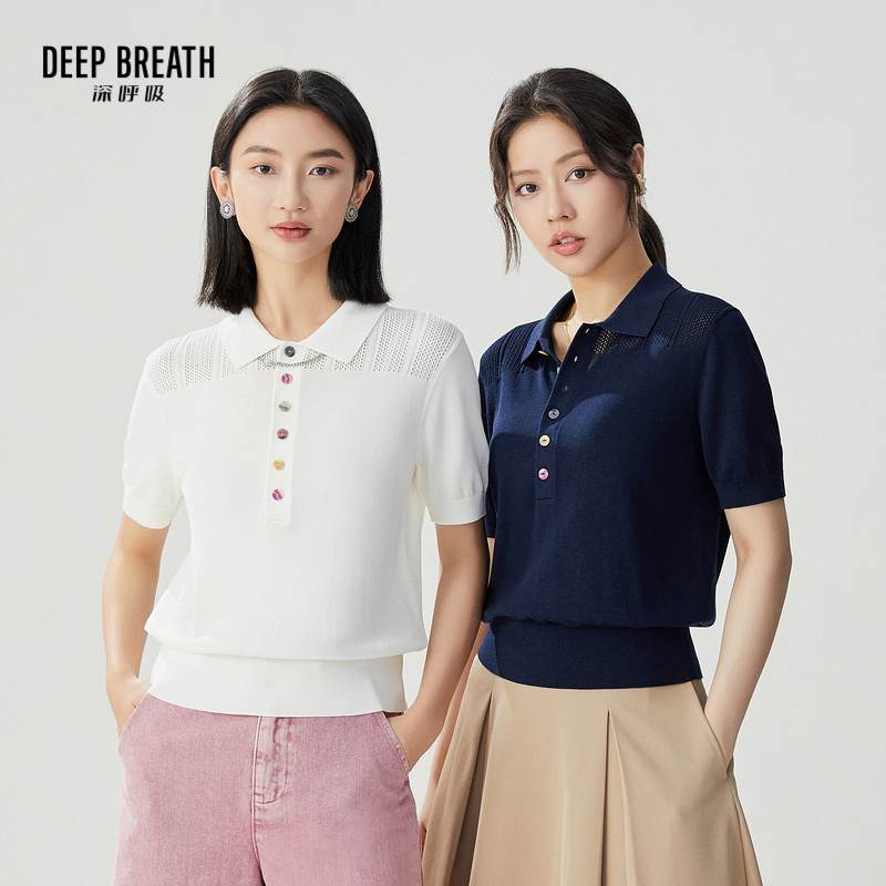 DEEP BREATH深呼吸女装 POLO翻领造型纽扣镂空挑洞针织衫A301574