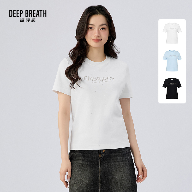 DEEP BREATH深呼吸女装 休闲圆领烫钻字母短袖T恤套头上衣A302729