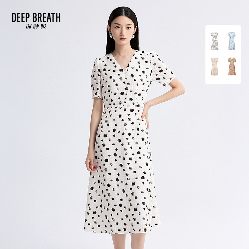 DEEP BREATH深呼吸女装 碎花V领泡泡袖长款碎花连衣裙A500197