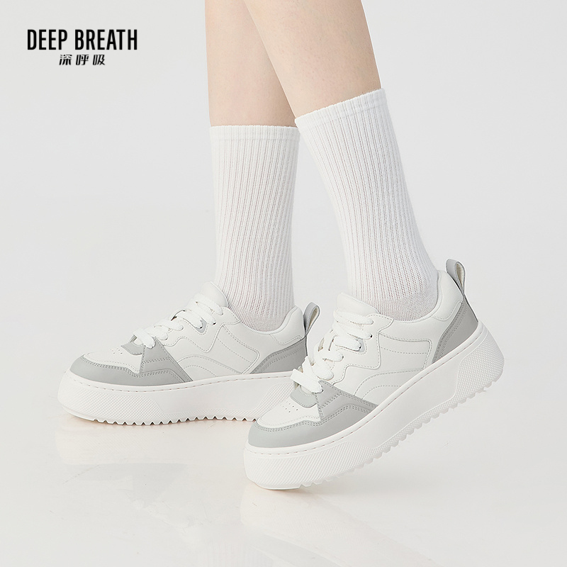 DEEP BREATH深呼吸女鞋 牛皮厚底多层次拼接低帮绑带小白鞋板鞋休闲鞋AX12334