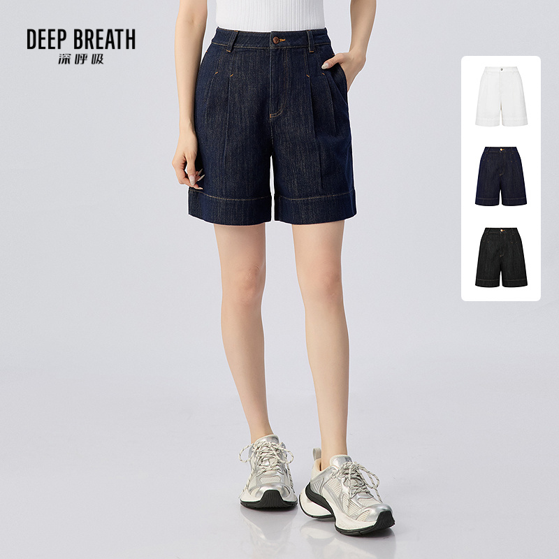 DEEP BREATH深呼吸女装 高腰压褶短裤百搭休闲牛仔裤百慕大裤子A100702