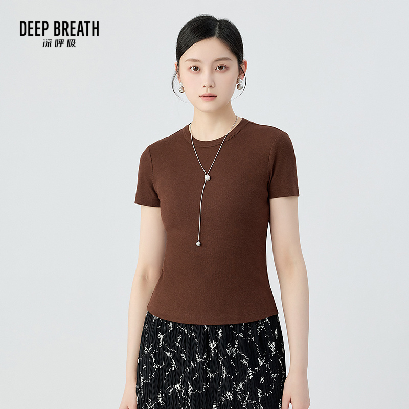 DEEP BREATH深呼吸女装 新款坑条弹性修身圆领短袖T恤上衣A301729-1