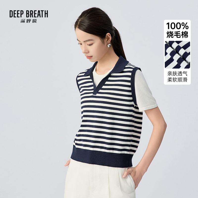 DEEP BREATH深呼吸女装 新款翻领假两件拼色条纹造型短袖针织衫A302321