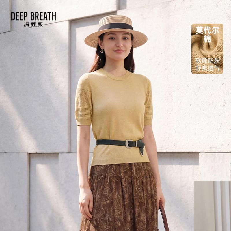 DEEP BREATH深呼吸女装 新款简约圆领袖挑孔肌理短袖针织衫A302347