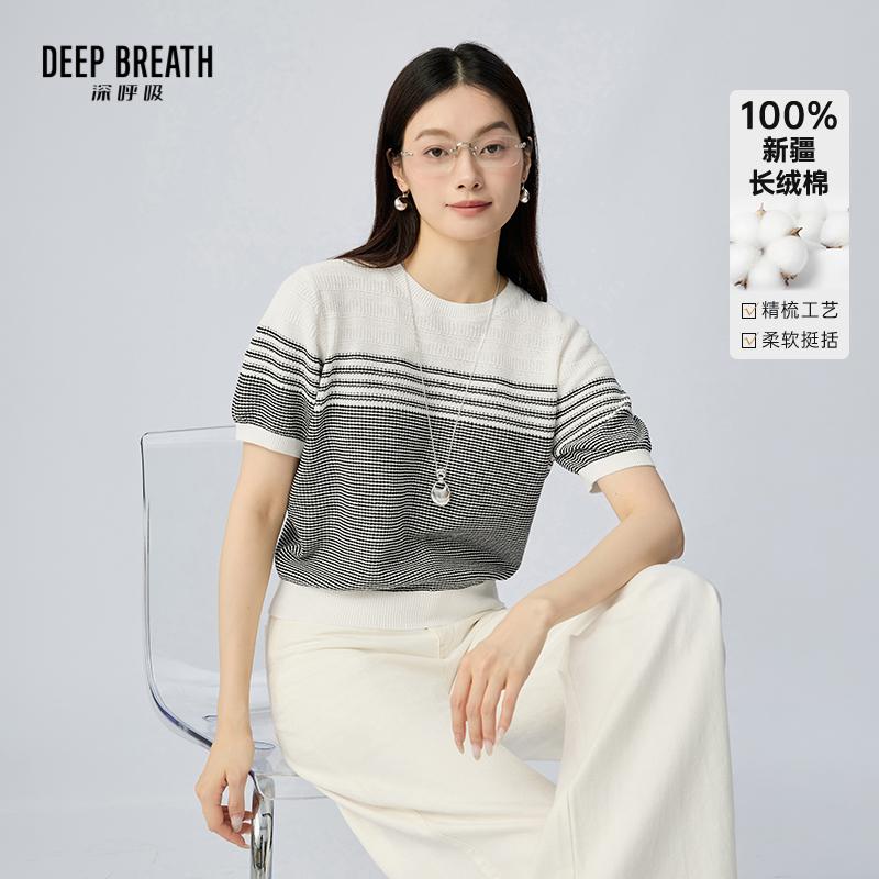DEEP BREATH深呼吸女装 新款圆领廓形条纹撞色泡泡袖针织衫A302433
