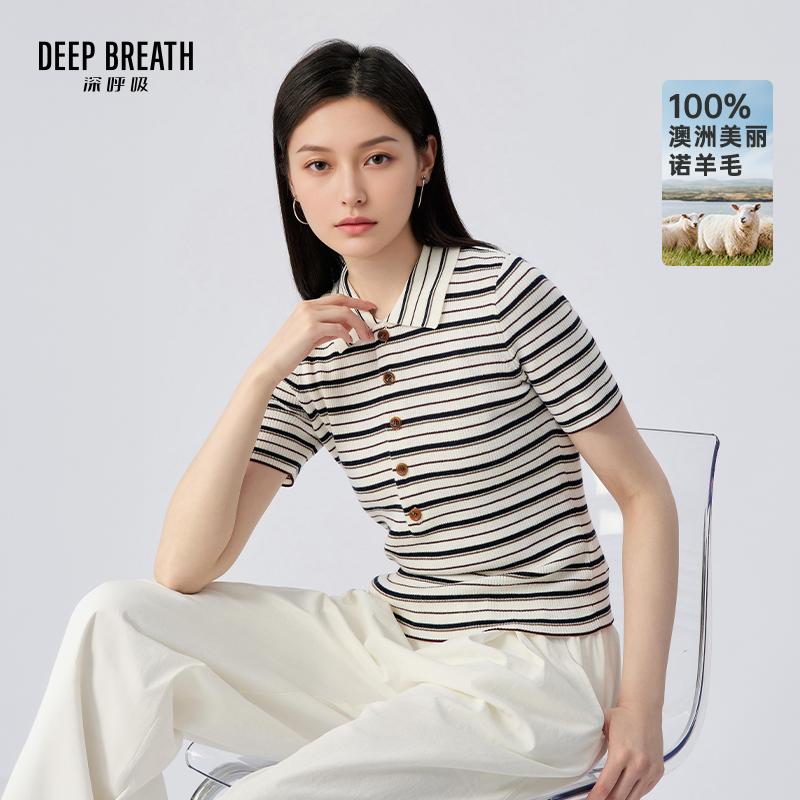 DEEP BREATH深呼吸女装 新款POLO领羊毛彩条撞色针织短袖上衣A302451