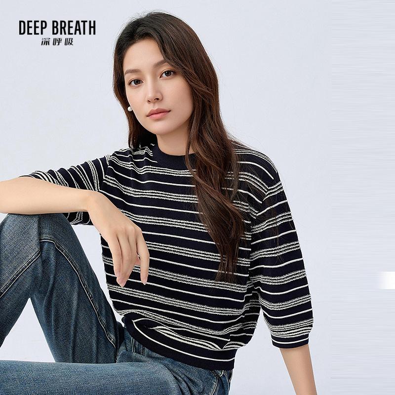 DEEP BREATH深呼吸女装 简约圆领宽松条纹泡泡袖针织衫上衣A302817