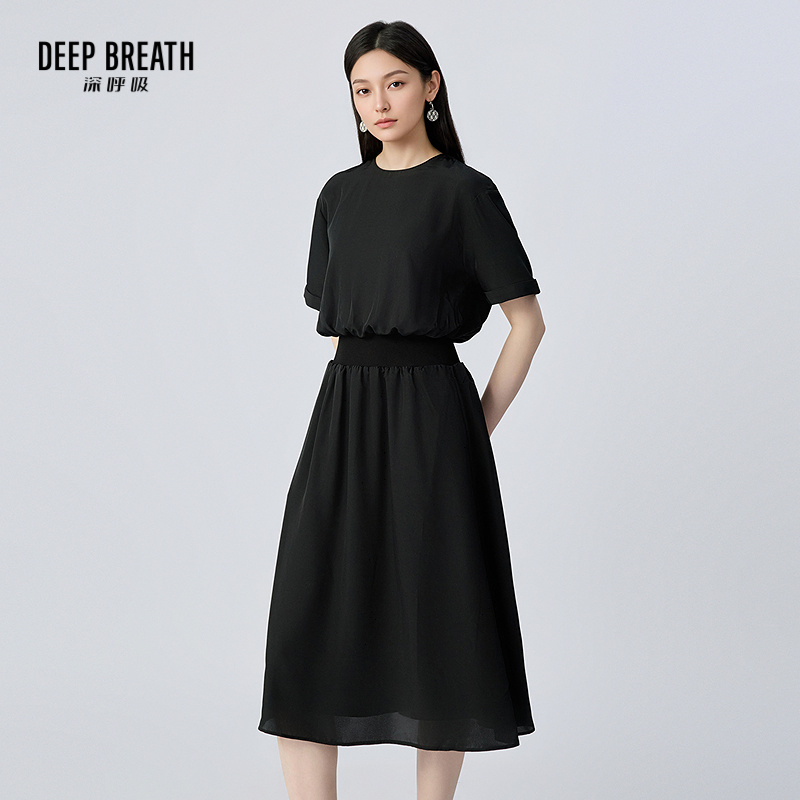 DEEP BREATH深呼吸女装 短袖收腰连衣裙圆领套头通勤小黑裙A500600