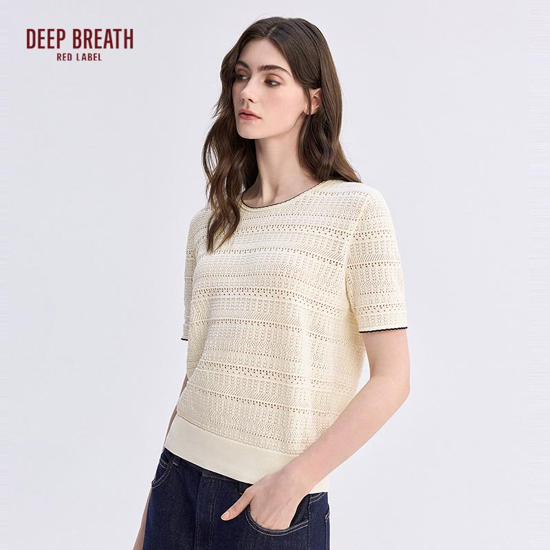 深呼吸红标【东方美学】纯棉撞色边圆领镂空套头短袖针织衫D38013