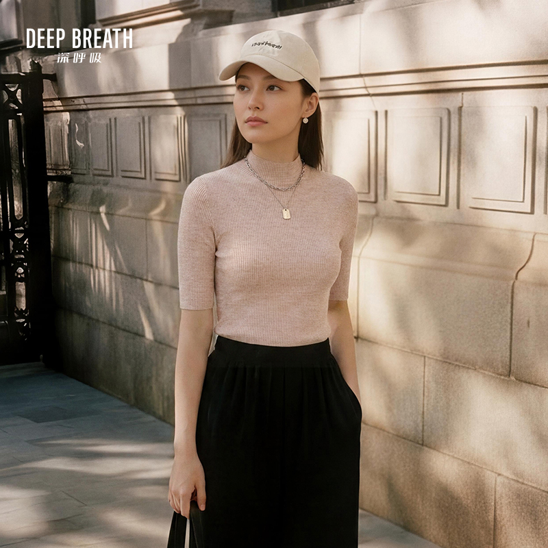 DEEP BREATH深呼吸女装 天衣无缝坑条中袖羊毛针织衫A301155